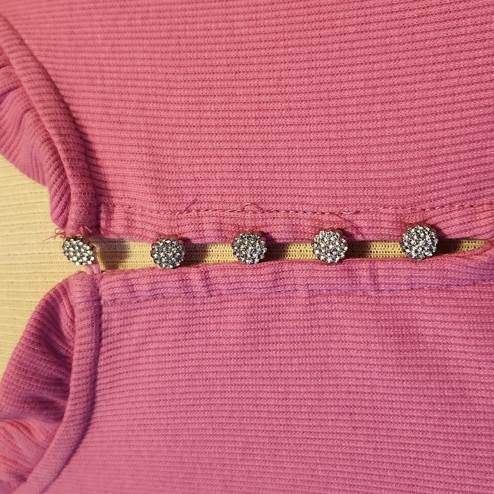 CeCe Vibrant Pink Rhinestone Button Henley Y2k Ribbed Ruffled Base Layer Shirt - Picture 3 of 16